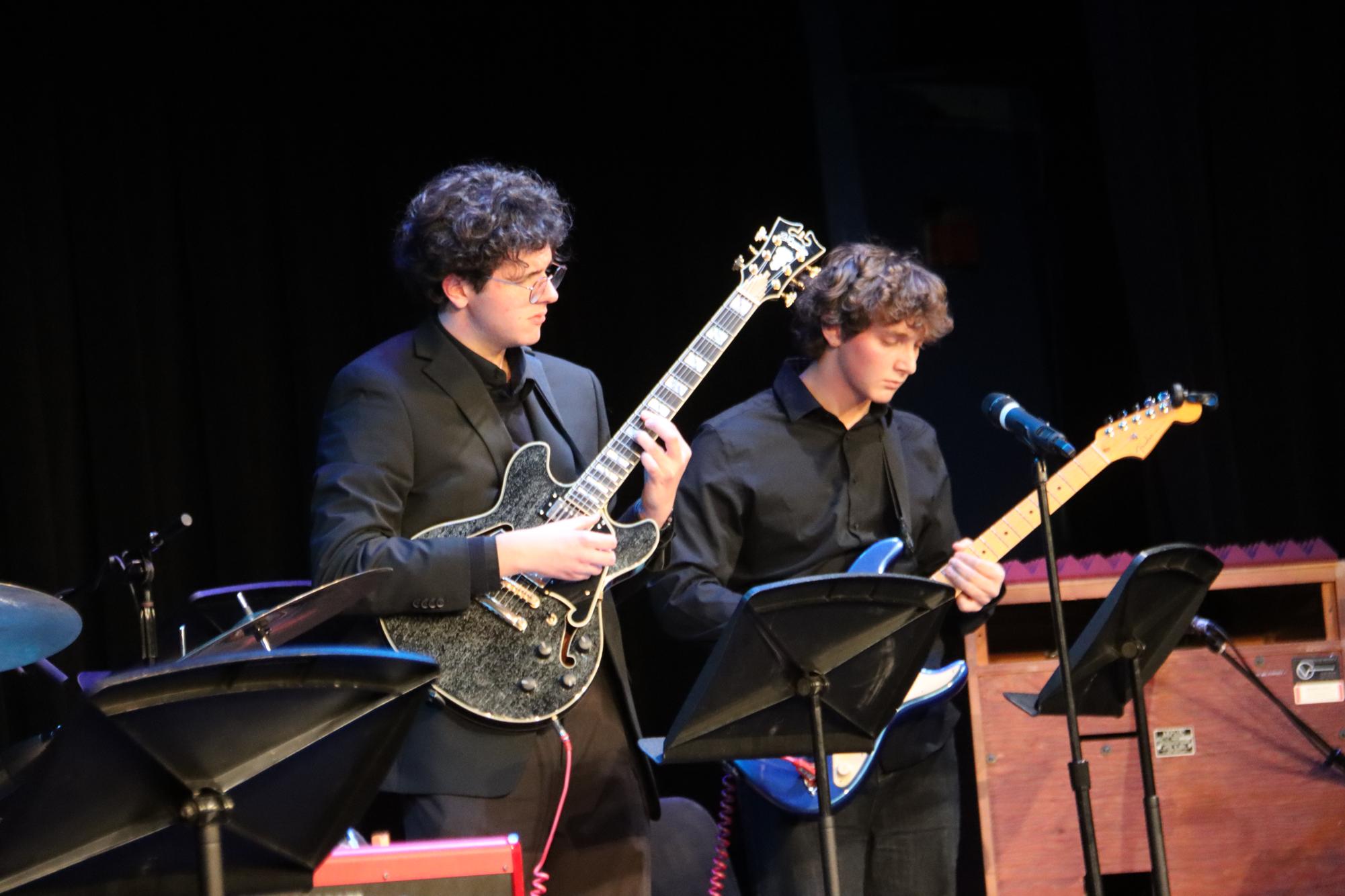 Jazz night concert: Archie Wegner '26 (right) and Rocco Borrud '27 (left) perform at the new Evening of Jazz event.